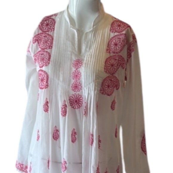 Indika White Sheer Cotton Tunic with Pink Paisley & Floral Embroidery Size Small - Picture 6 of 12